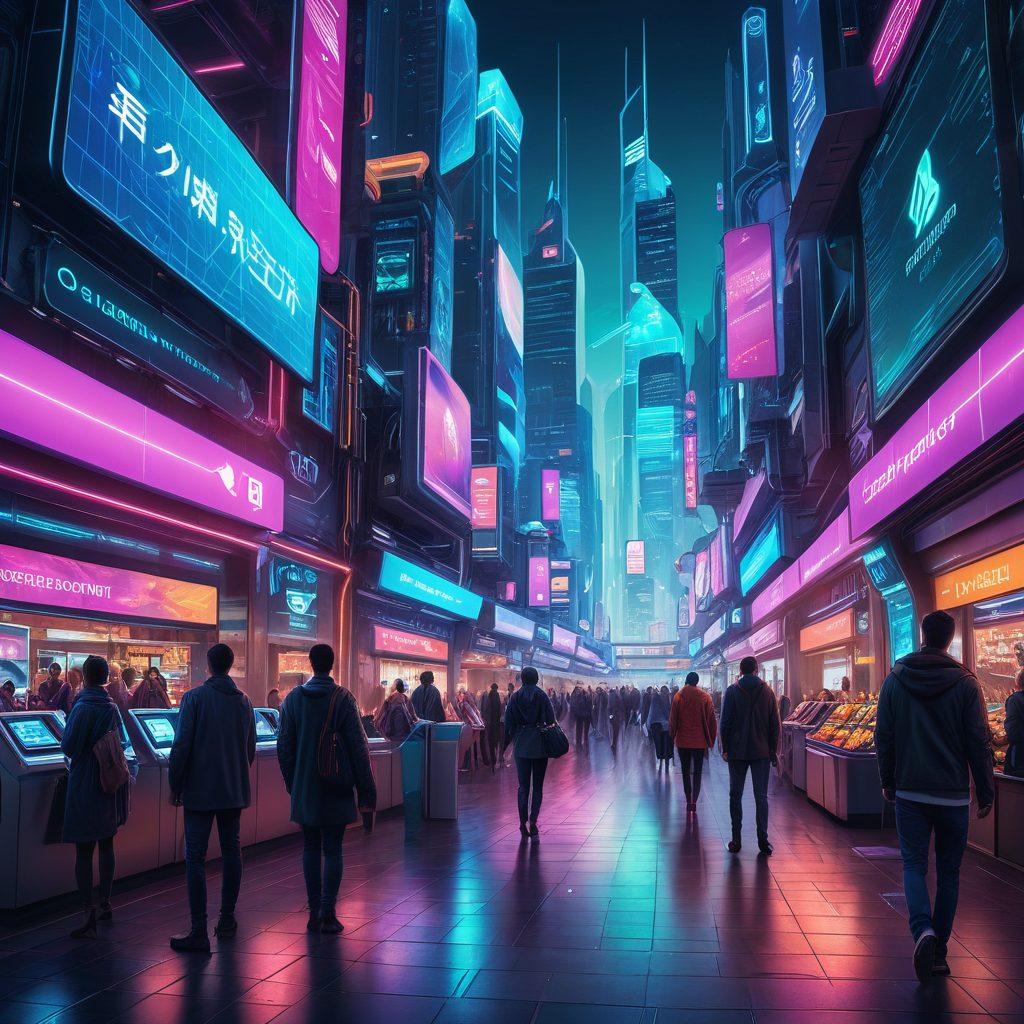 A futuristic cityscape showcasing a bustling marketplace with people making automated payments using sleek, holographic devices. Incorporate elements of advanced security technologies like biometric scanners and secure payment terminals. The atmosphere should feel vibrant and dynamic, highlighting the trust and efficiency of next-gen payment systems. Include colorful digital overlays representing transaction security. cyberpunk. vibrant colors. super-realistic.