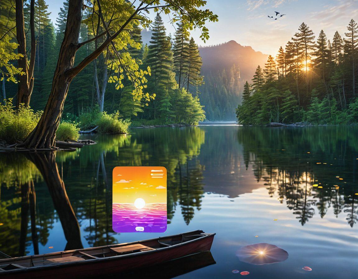 A serene landscape featuring a glowing digital wallet floating above a peaceful lake, surrounded by lush greenery and soft sunlight filtering through the trees. In the foreground, several bill payments icons are cleverly integrated into the rippling water, symbolizing security and tranquility in financial transactions. The scene conveys a sense of harmony and stability in managing finances. vibrant colors. super-realistic. tranquil atmosphere.