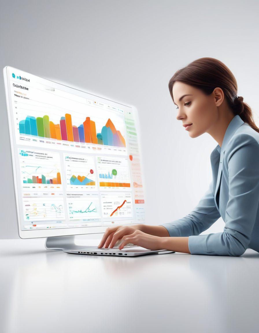 A modern, sleek digital interface featuring innovative online billing services, with visual elements like charts, transaction icons, and a person happily managing finances on a laptop. The background should include abstract financial symbols and a vibrant color palette that conveys efficiency and clarity. Illustrate a sense of organization and control with soft lighting effects. vector art. vibrant colors. white background.